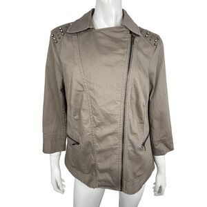 Kerrybrooke Moto Jacket Womens L Taupe Studded Rhinestone Zip Stretch